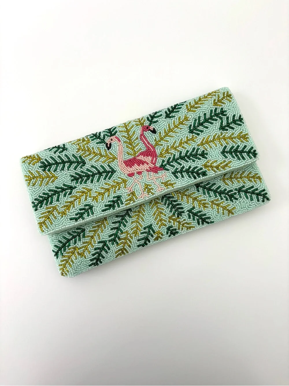 LCD Flamingo Beaded Envelope Clutch NWT Handmade Crossbody Mint Pink